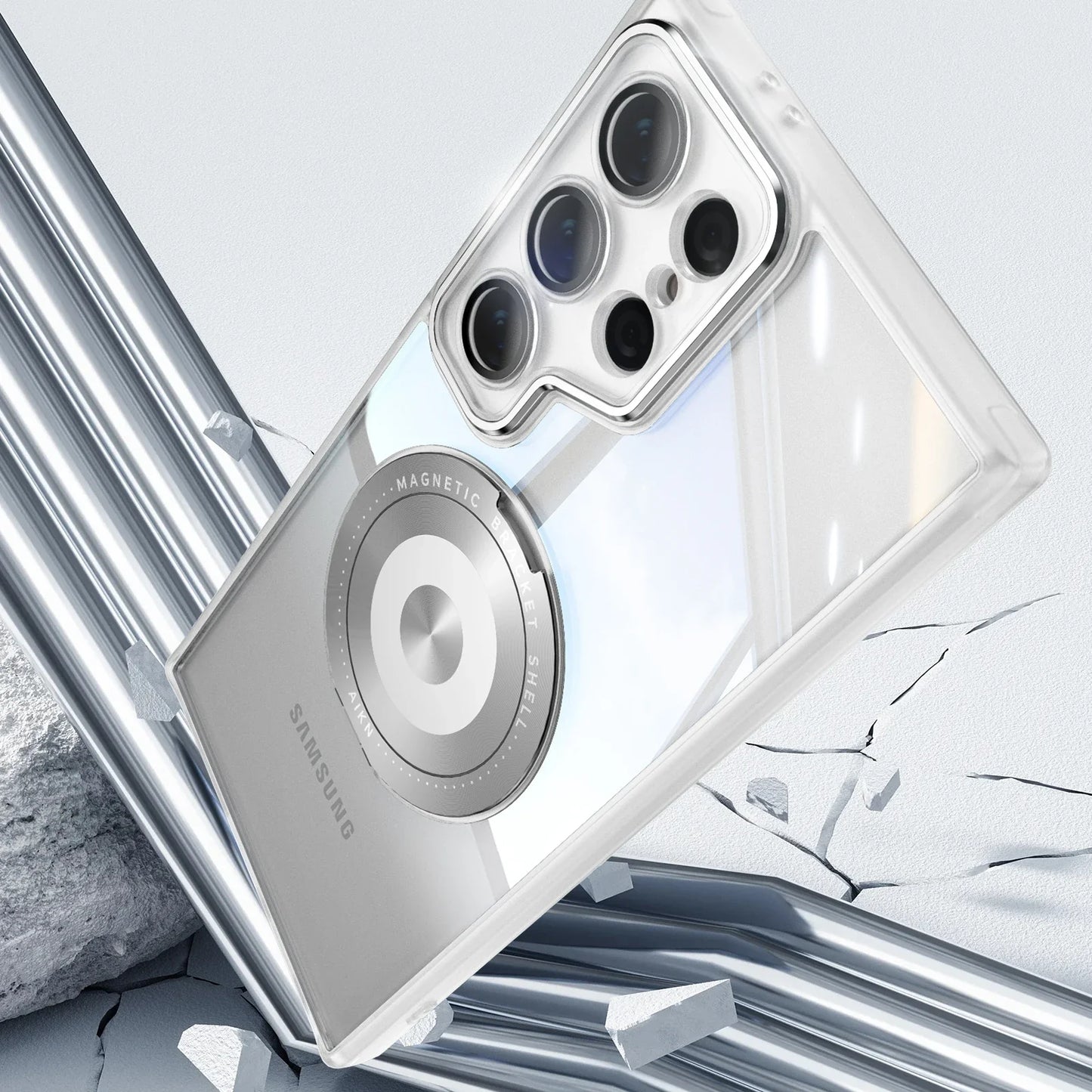 FrostGuard S25 Ultra – Matte Transparent Magnetic Case with 360° Ring Stand