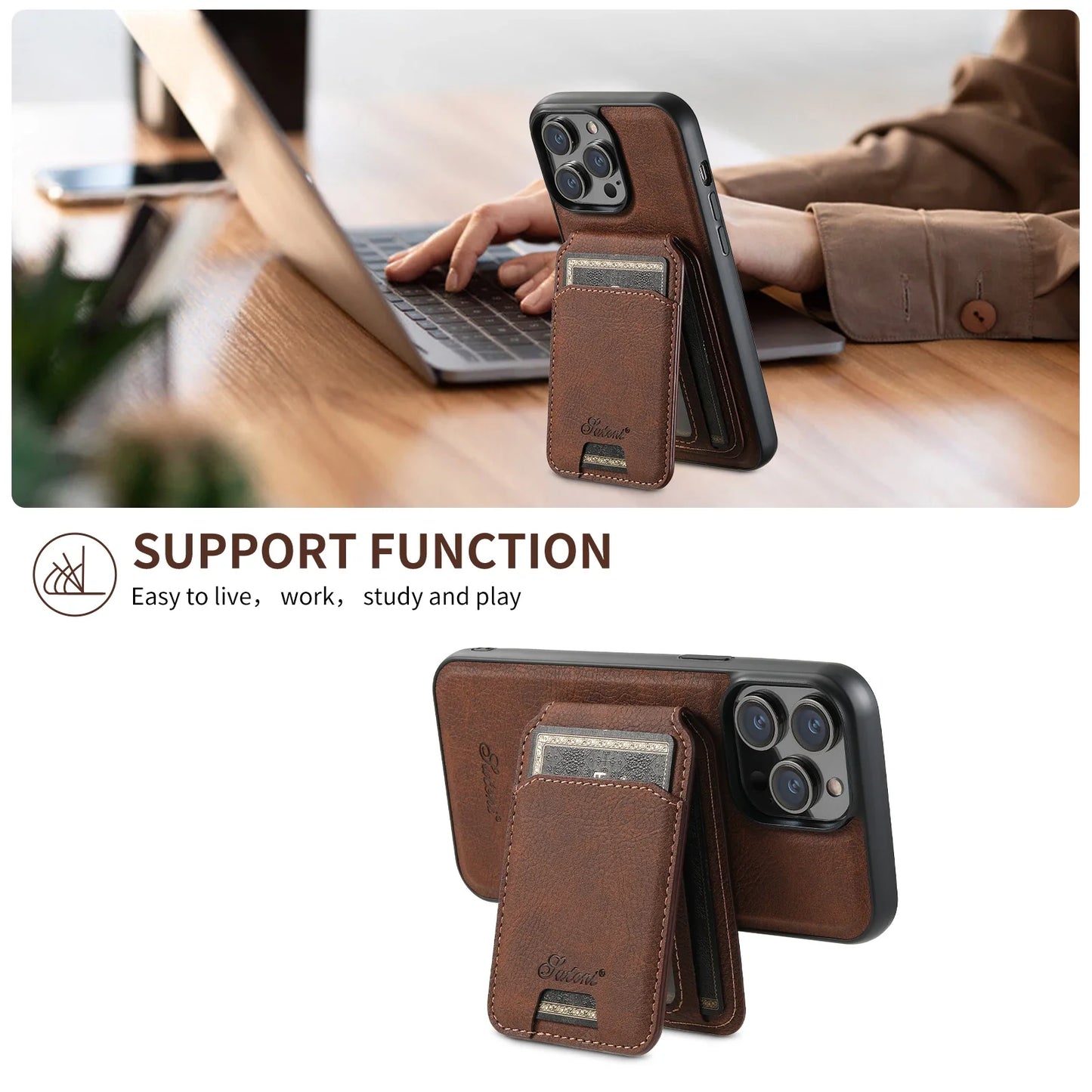 MagSafe Wallet Leather Card Holder & Kickstand Case for iPhone