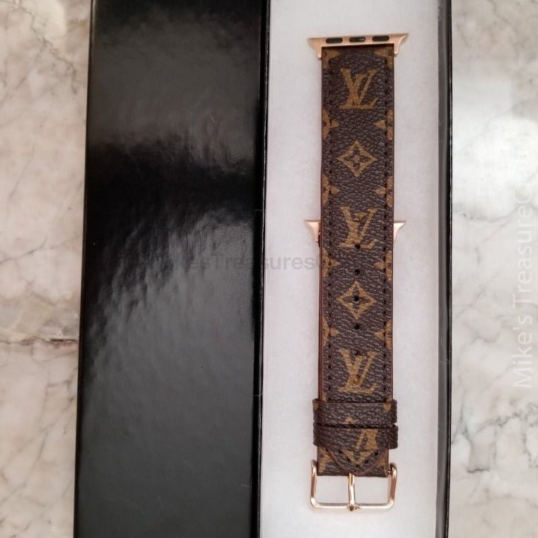 Elegant Brown Apple Watch LV Band with Small, Chic Print