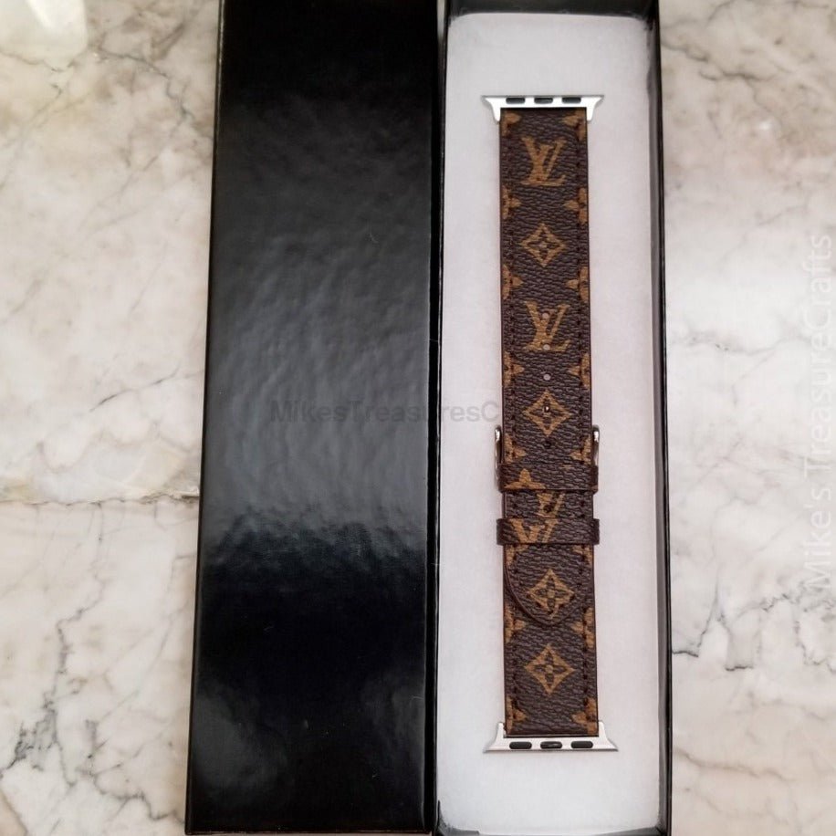 Elegant Brown Apple Watch LV Band with Small, Chic Print