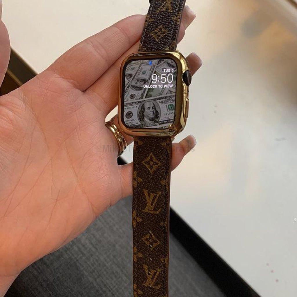 Elegant Brown Apple Watch LV Band with Small, Chic Print