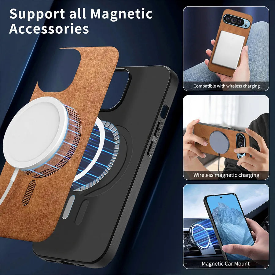 Leather MagSafe Pixel 9 , 8, 7, Case with Lens Protection & Anti-Drop Design