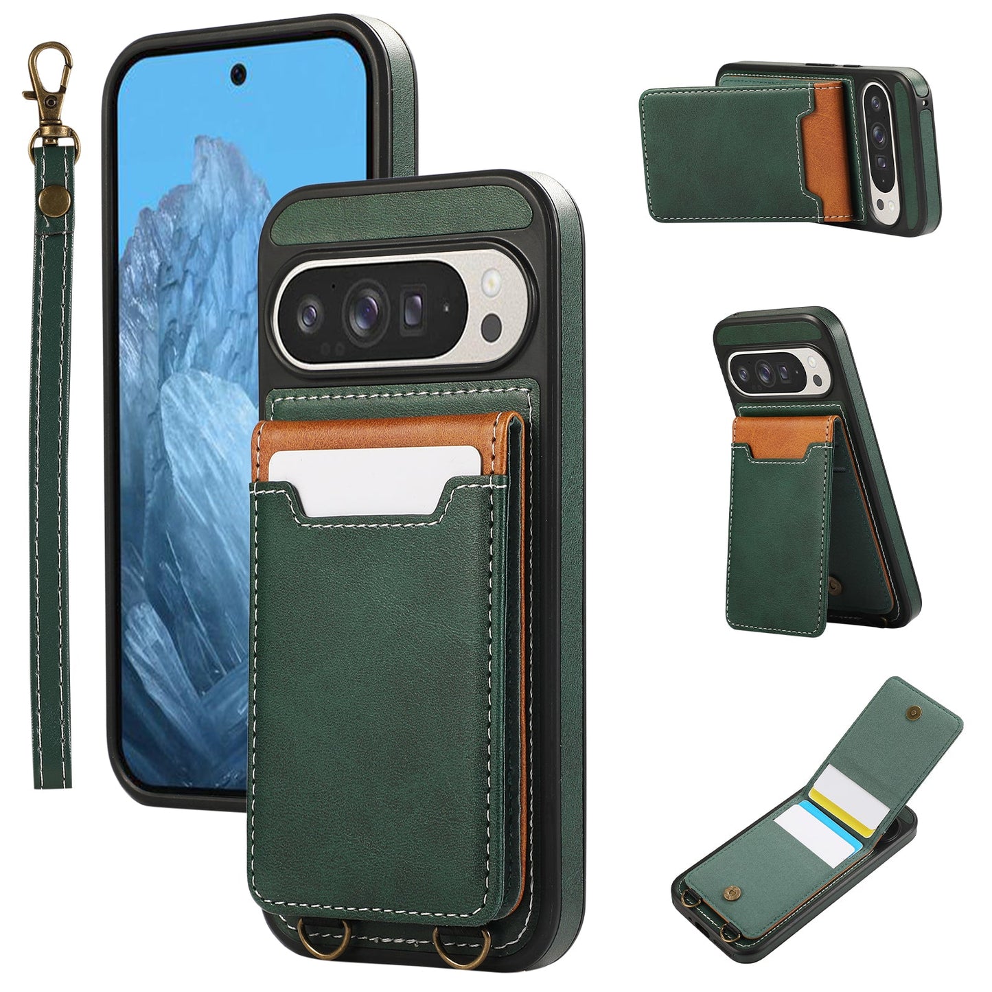 Leather Card Holder Pixel 9, 8 Case with Kickstand & Lanyard