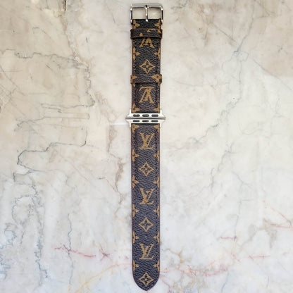 Elegant Brown Apple Watch LV Band with Small, Chic Print
