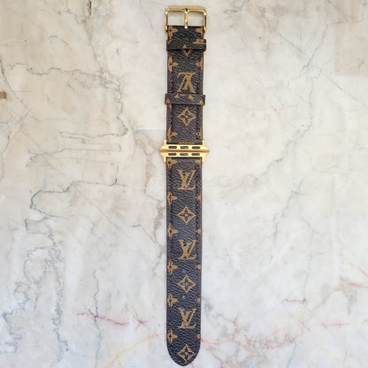 Elegant Brown Apple Watch LV Band with Small, Chic Print