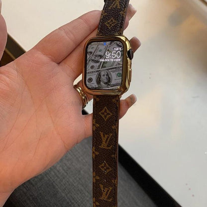 Elegant Brown Apple Watch LV Band with Small, Chic Print