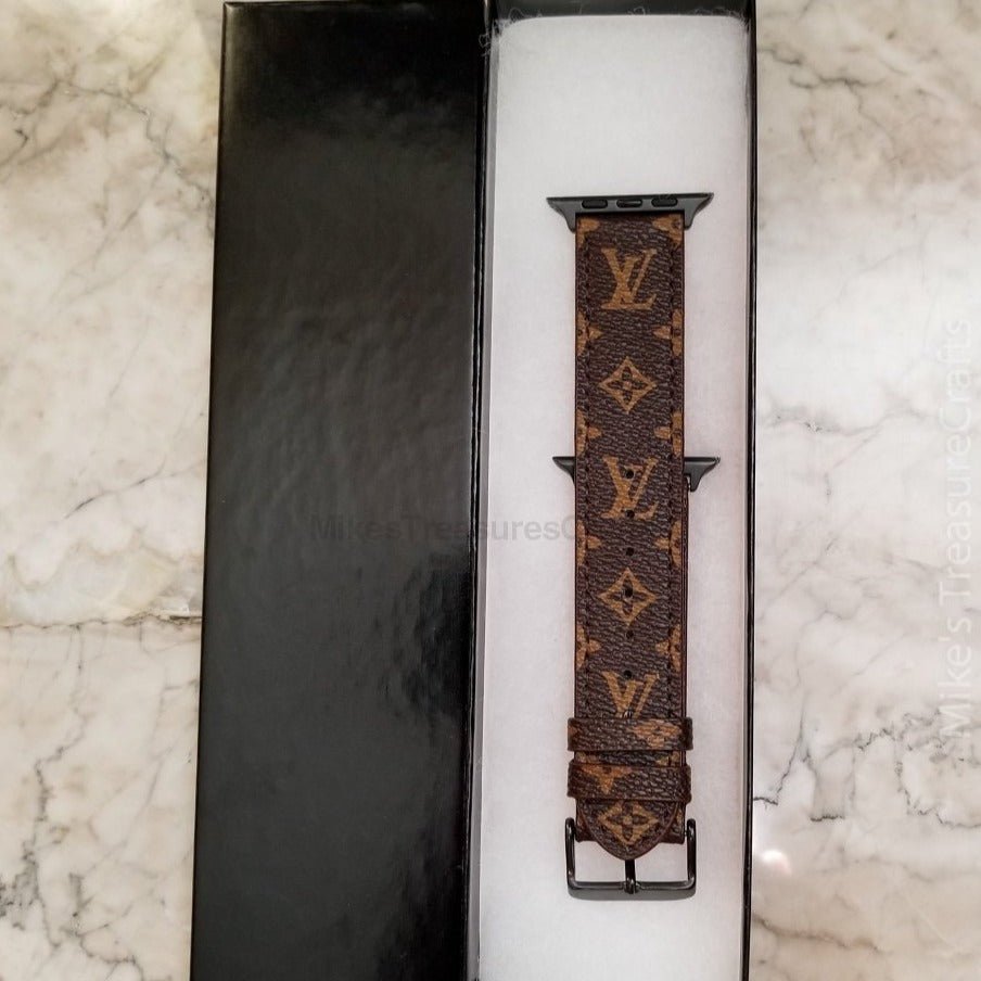 Elegant Brown Apple Watch LV Band with Small, Chic Print