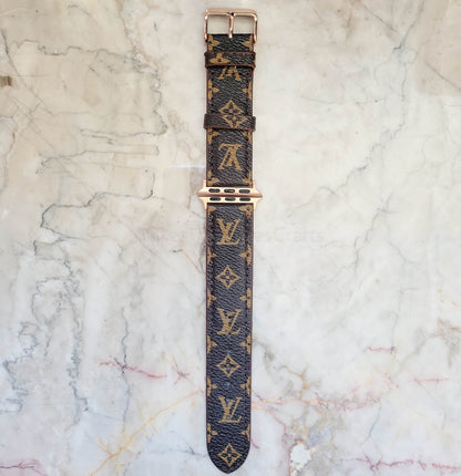 Elegant Brown Apple Watch LV Band with Small, Chic Print